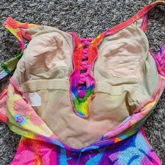 Vintage colorful neon pink yellow blue tropical hibiscus floral swimsuit 8 - Picture 11 of 12